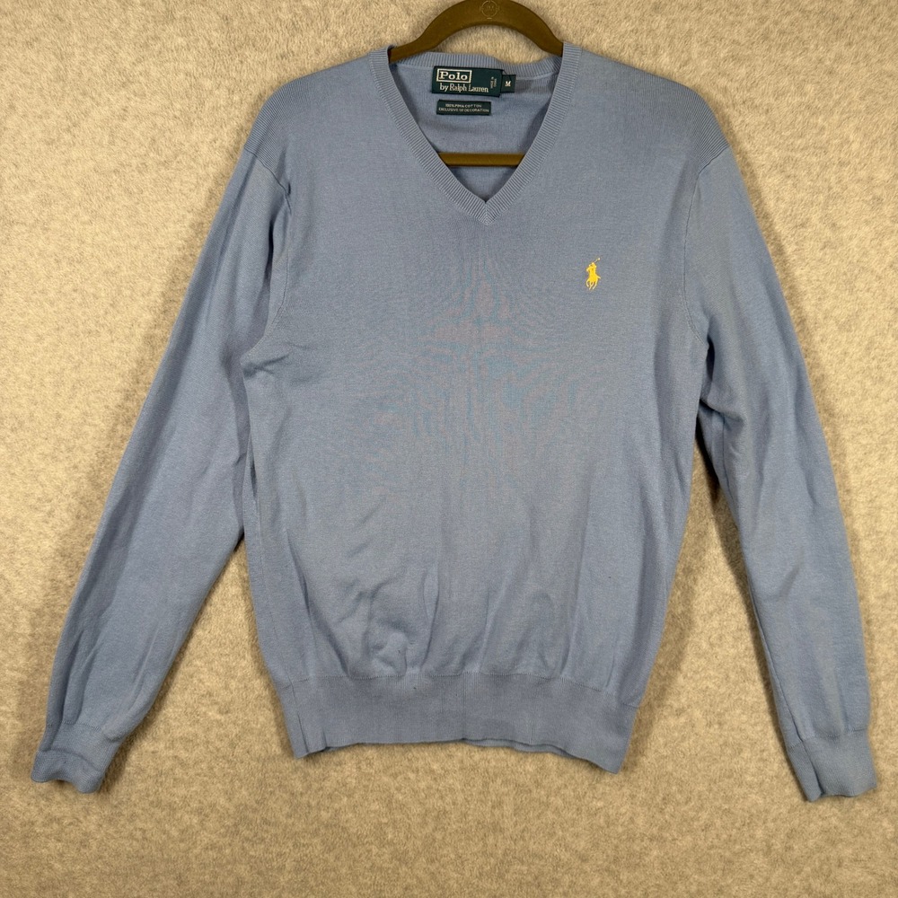 Polo Ralph Lauren Sweater Mens M Blue V-Neck Pima Cotton Long Sleeve Pony Logo